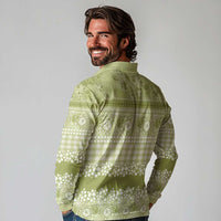 Hawaiian Hibiscus Honu Long Sleeve Polo Shirt Sage Green Mele Kalikimaka Palaka Spirit - Polynesian Pride