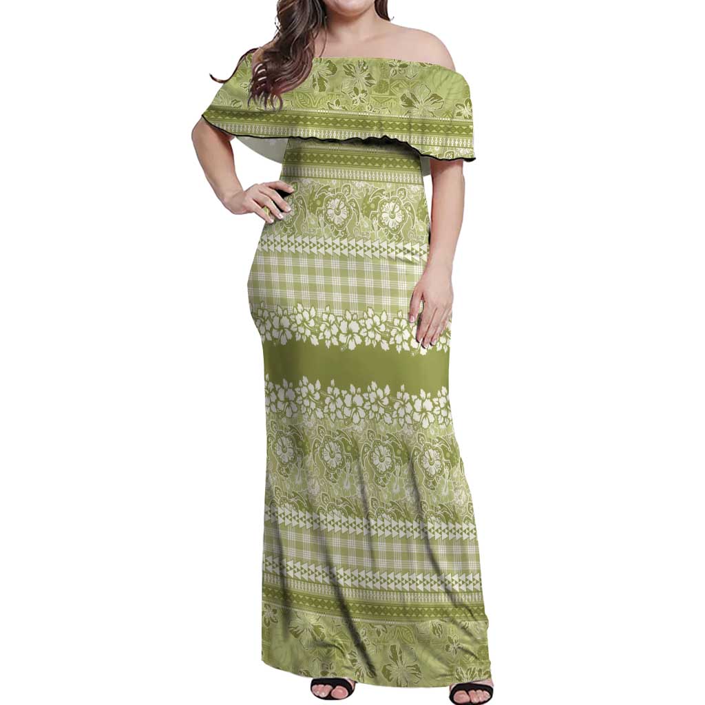 Hawaiian Hibiscus Honu Off Shoulder Maxi Dress Sage Green Mele Kalikimaka Palaka Spirit - Polynesian Pride