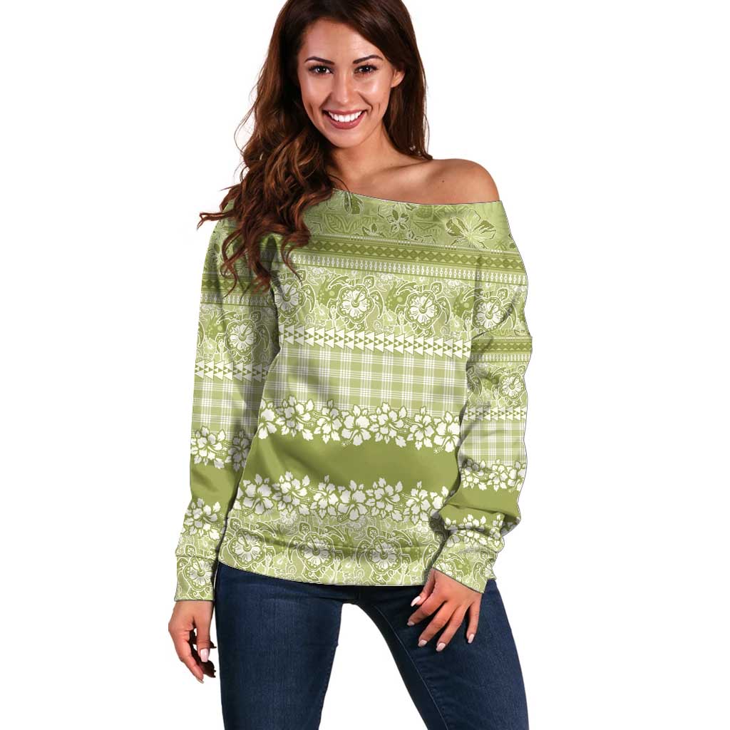 Hawaiian Hibiscus Honu Off Shoulder Sweater Sage Green Mele Kalikimaka Palaka Spirit - Polynesian Pride