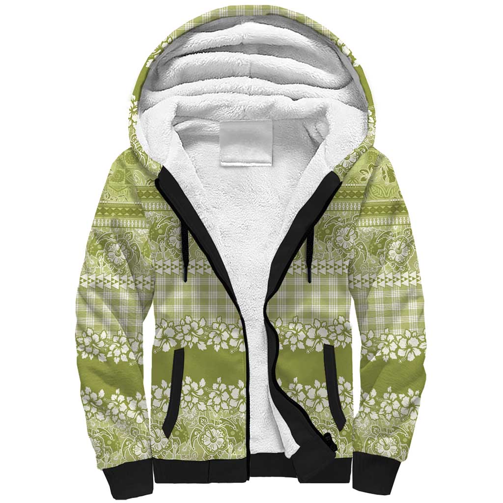 Hawaiian Hibiscus Honu Sherpa Hoodie Sage Green Mele Kalikimaka Palaka Spirit - Polynesian Pride