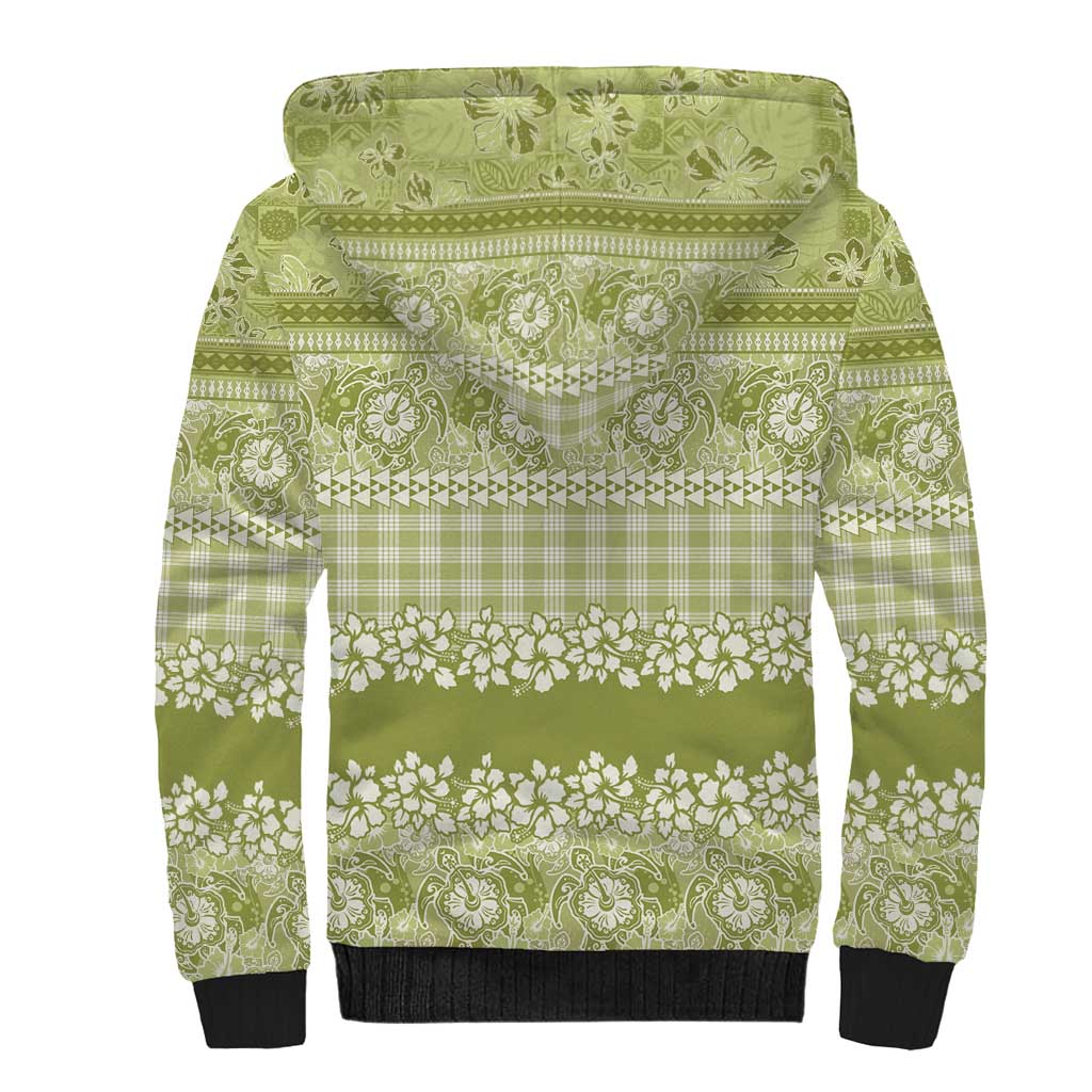 Hawaiian Hibiscus Honu Sherpa Hoodie Sage Green Mele Kalikimaka Palaka Spirit - Polynesian Pride
