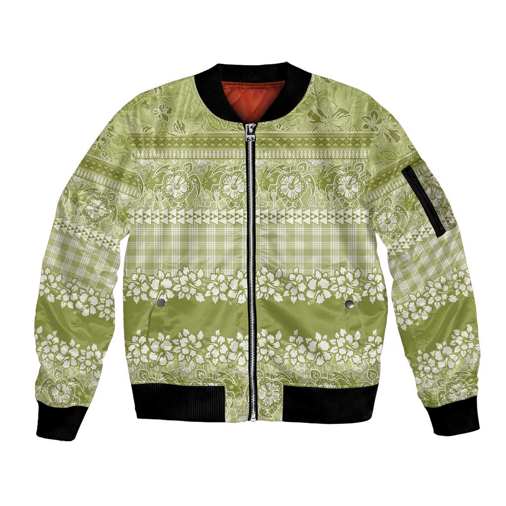 Hawaiian Hibiscus Honu Sleeve Zip Bomber Jacket Sage Green Mele Kalikimaka Palaka Spirit - Polynesian Pride
