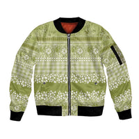 Hawaiian Hibiscus Honu Sleeve Zip Bomber Jacket Sage Green Mele Kalikimaka Palaka Spirit - Polynesian Pride