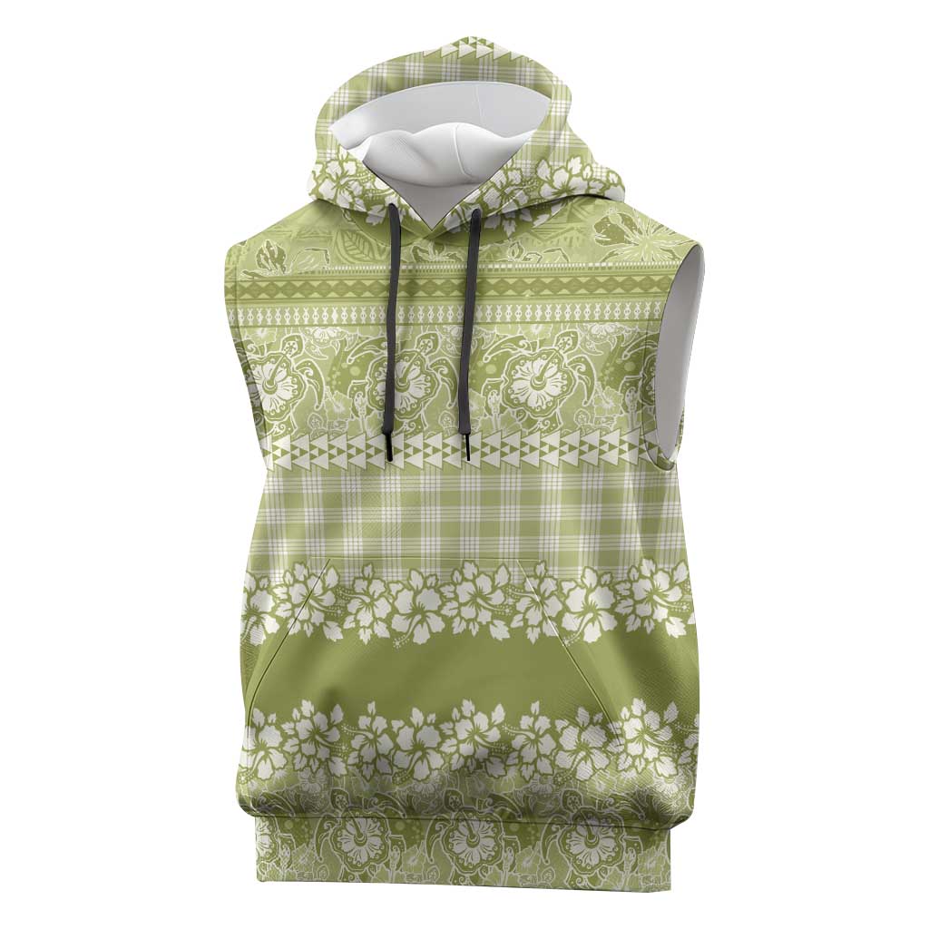 Hawaiian Hibiscus Honu Sleeveless Hoodie Sage Green Mele Kalikimaka Palaka Spirit - Polynesian Pride