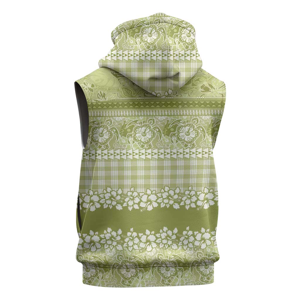 Hawaiian Hibiscus Honu Sleeveless Zip Hoodie Sage Green Mele Kalikimaka Palaka Spirit - Polynesian Pride