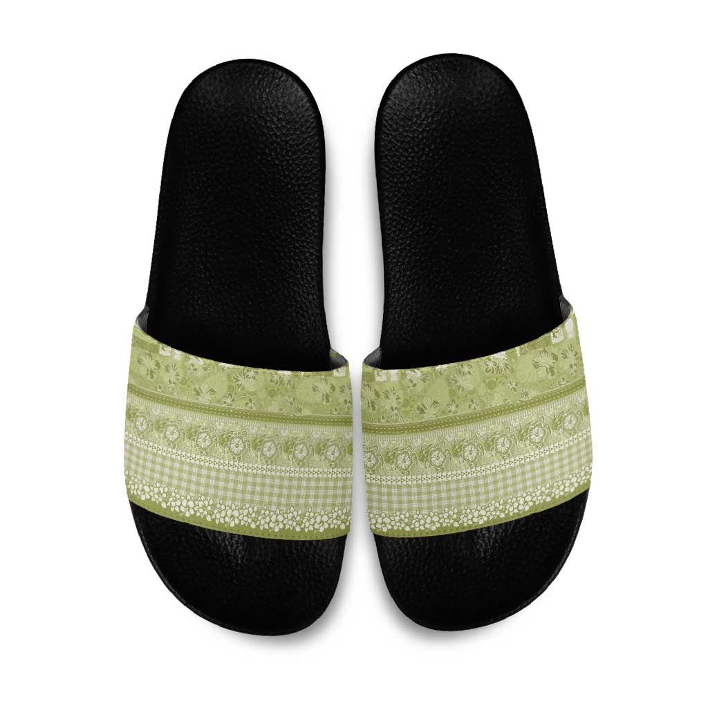 Hawaiian Hibiscus Honu Slide Sandals Sage Green Mele Kalikimaka Palaka Spirit - Polynesian Pride