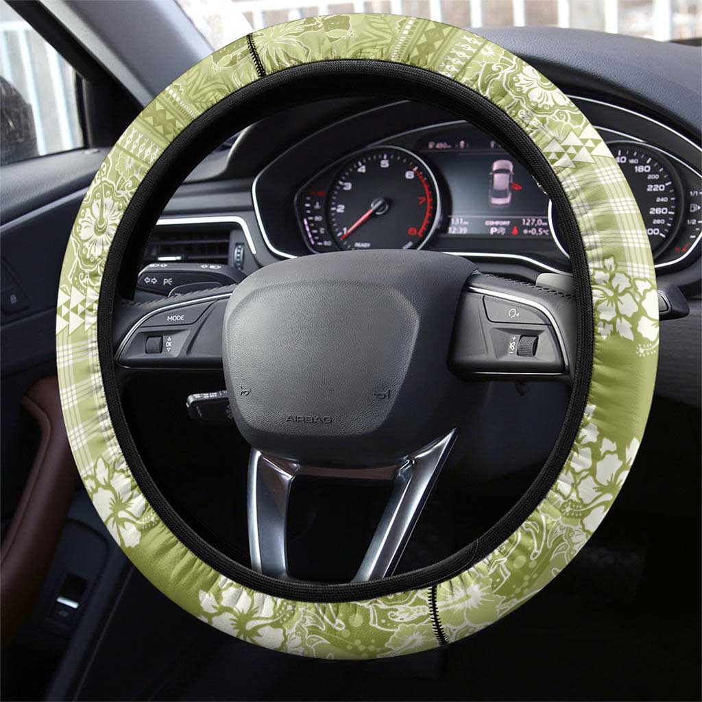 Hawaiian Hibiscus Honu Steering Wheel Cover Sage Green Mele Kalikimaka Palaka Spirit - Polynesian Pride