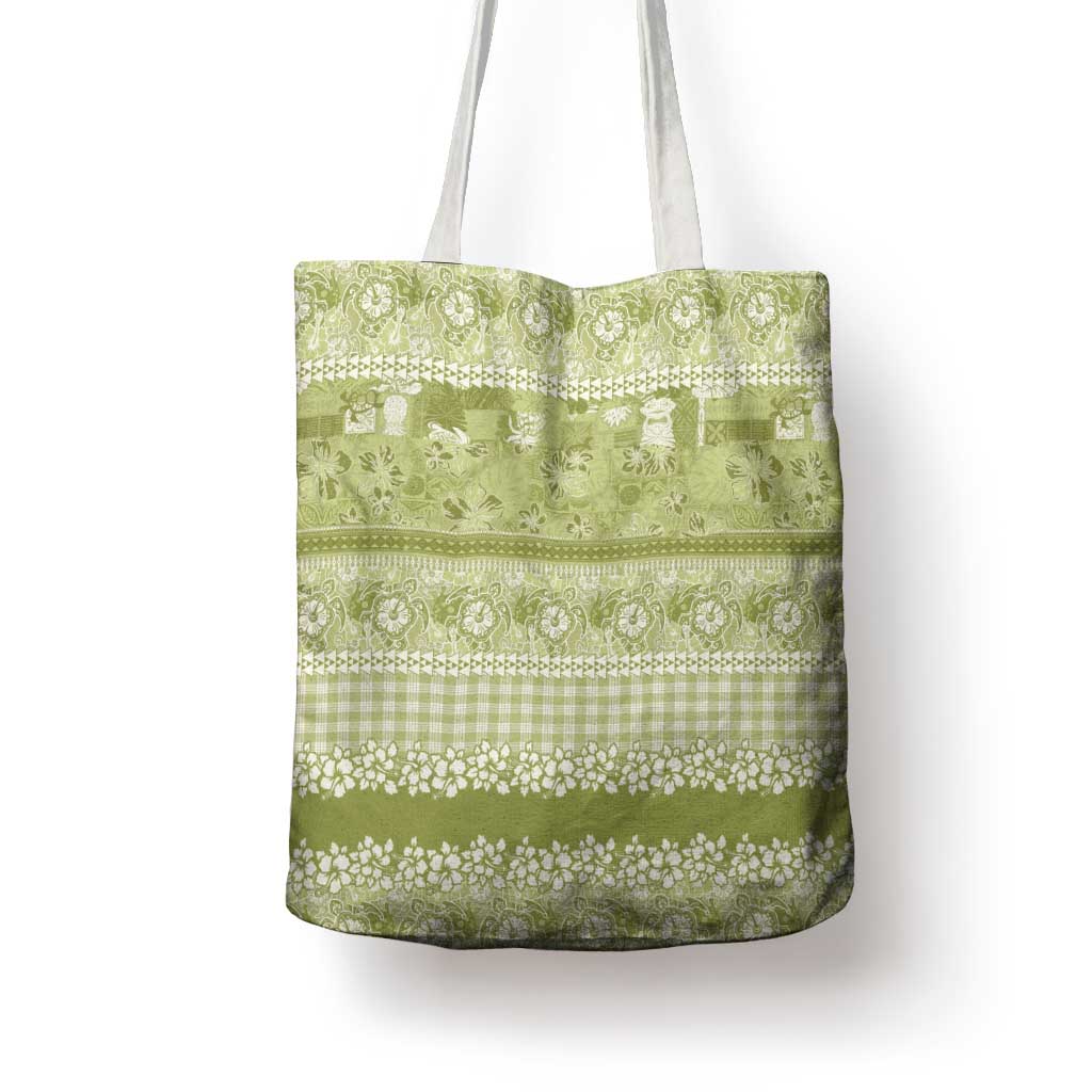 Hawaiian Hibiscus Honu Tote Bag Sage Green Mele Kalikimaka Palaka Spirit - Polynesian Pride