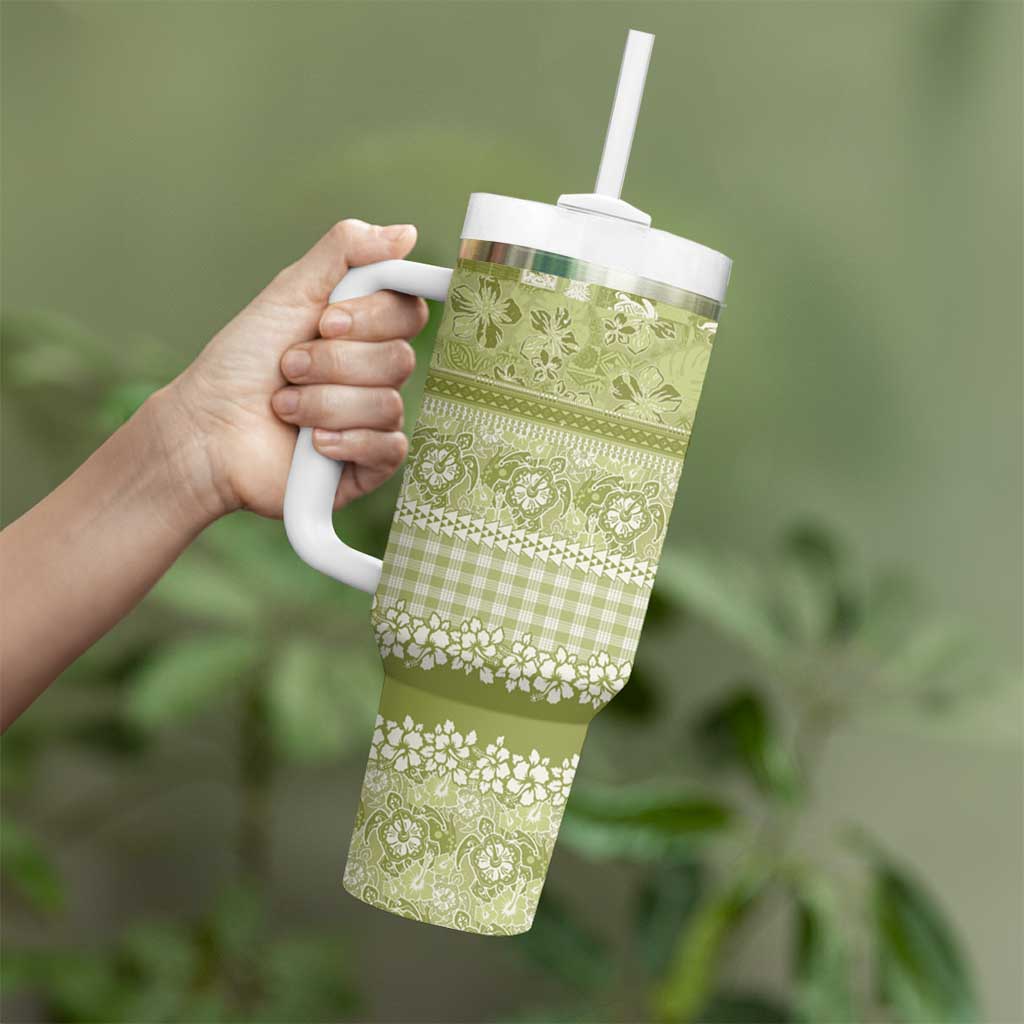 Hawaiian Hibiscus Honu Tumbler With Handle Sage Green Mele Kalikimaka Palaka Spirit - Polynesian Pride
