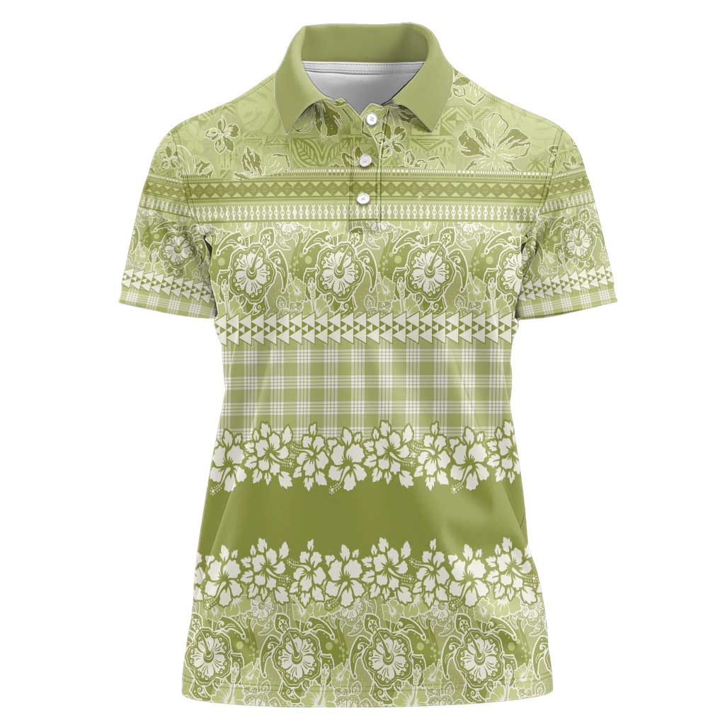 Hawaiian Hibiscus Honu Women Polo Shirt Sage Green Mele Kalikimaka Palaka Spirit - Polynesian Pride