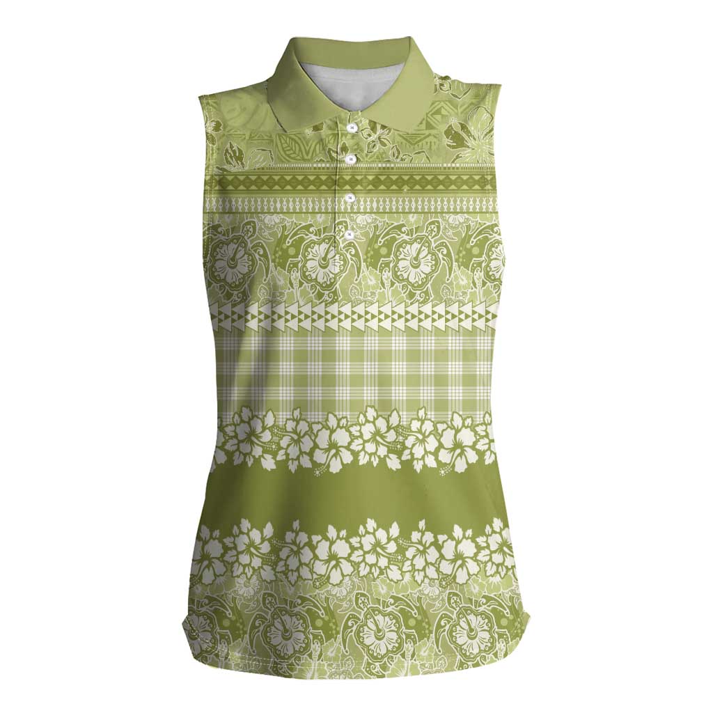 Hawaiian Hibiscus Honu Women Sleeveless Polo Shirt Sage Green Mele Kalikimaka Palaka Spirit - Polynesian Pride