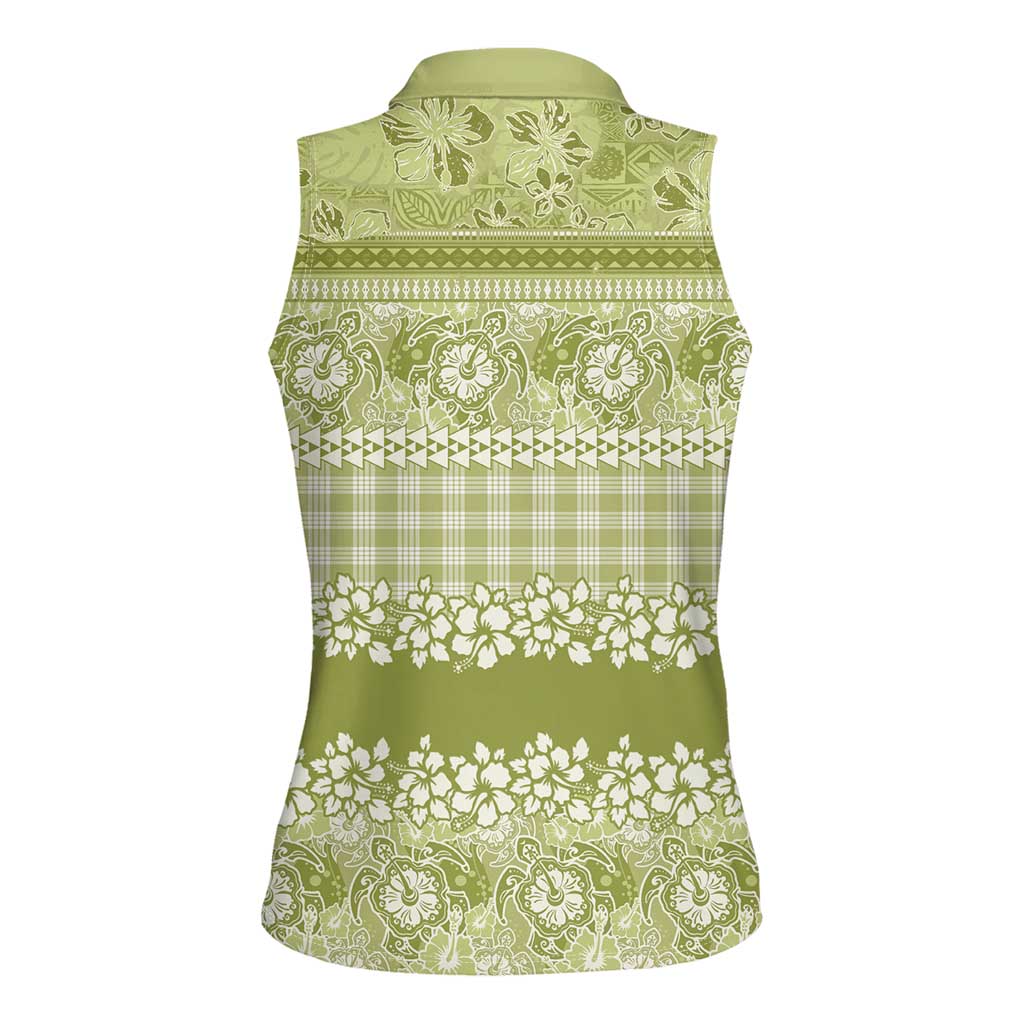Hawaiian Hibiscus Honu Women Sleeveless Polo Shirt Sage Green Mele Kalikimaka Palaka Spirit - Polynesian Pride