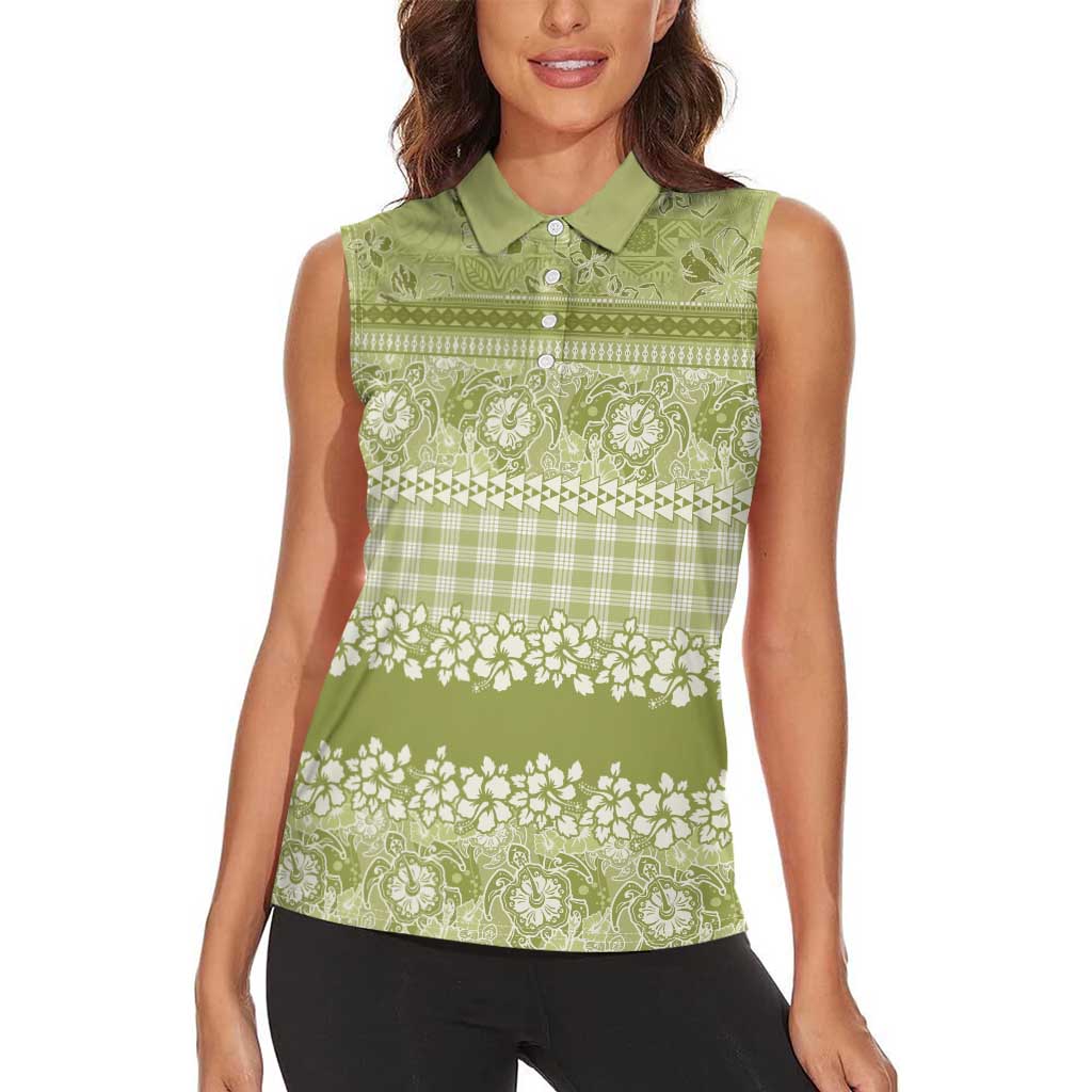 Hawaiian Hibiscus Honu Women Sleeveless Polo Shirt Sage Green Mele Kalikimaka Palaka Spirit - Polynesian Pride