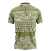 Hawaiian Hibiscus Honu Zipper Polo Shirt Sage Green Mele Kalikimaka Palaka Spirit - Polynesian Pride