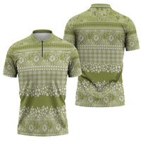 Hawaiian Hibiscus Honu Zipper Polo Shirt Sage Green Mele Kalikimaka Palaka Spirit - Polynesian Pride