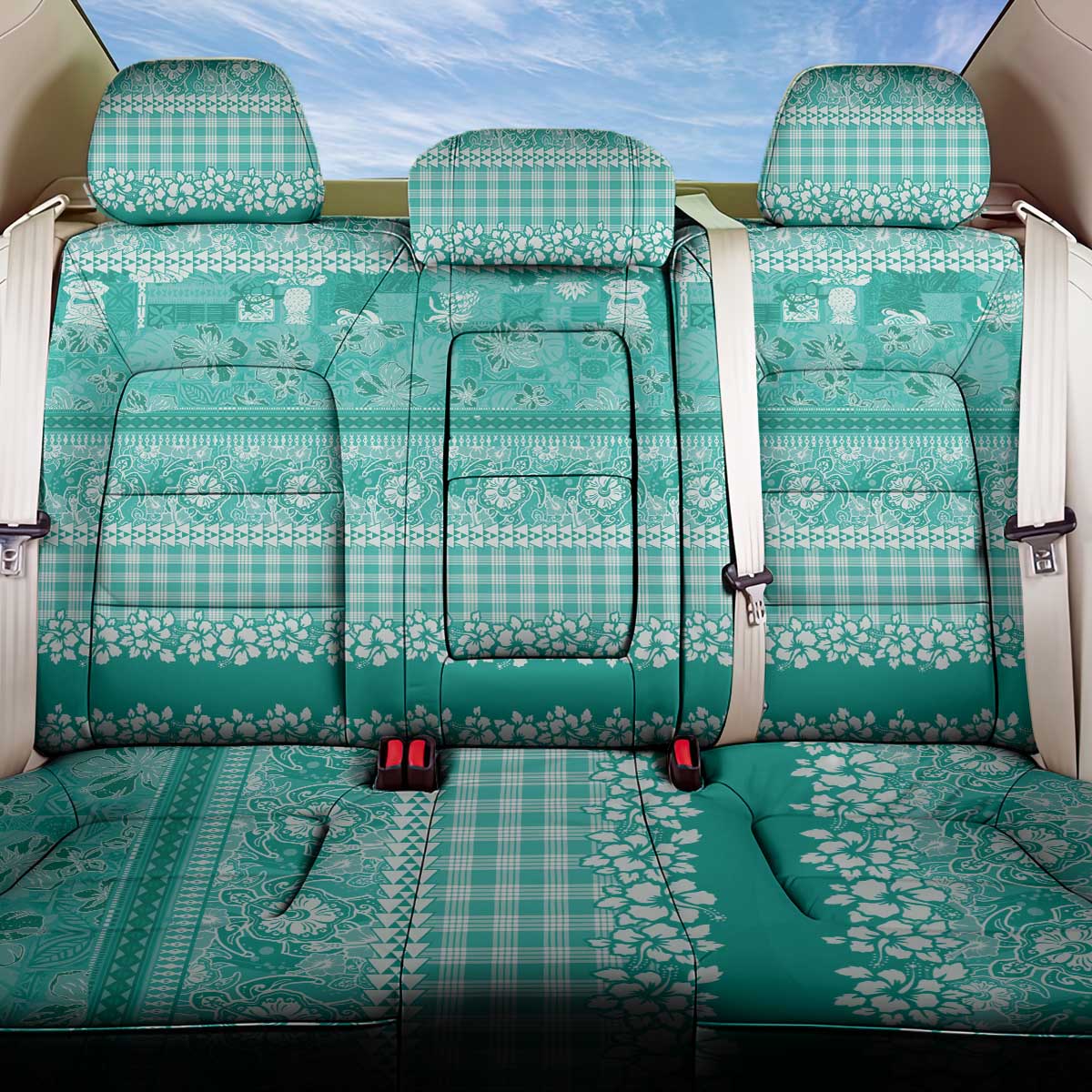 Hawaiian Hibiscus Honu Back Car Seat Cover Turquoise Mele Kalikimaka Palaka Spirit - Polynesian Pride