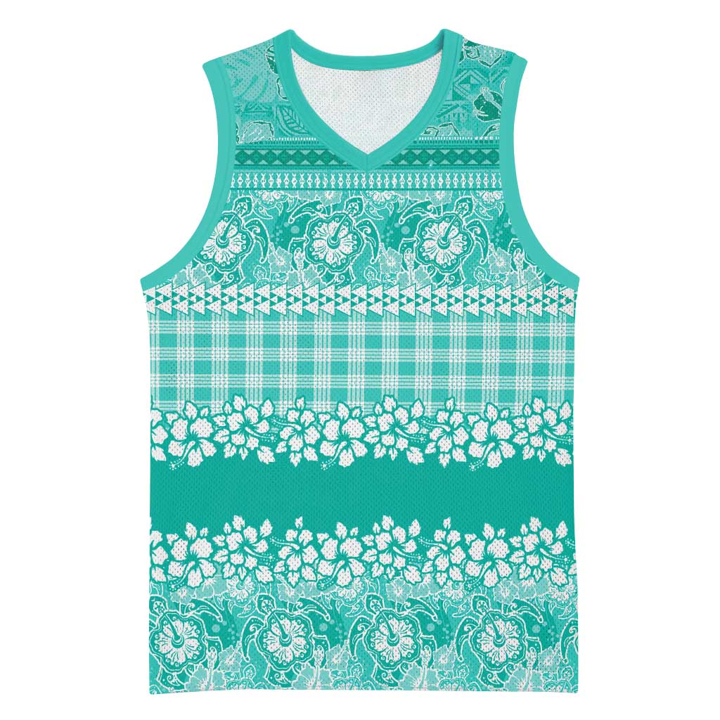 Hawaiian Hibiscus Honu Basketball Jersey Turquoise Mele Kalikimaka Palaka Spirit - Polynesian Pride
