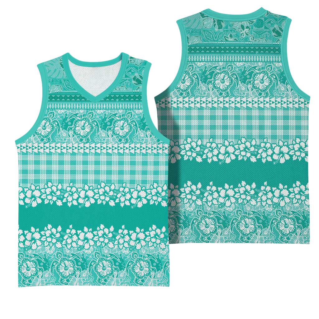 Hawaiian Hibiscus Honu Basketball Jersey Turquoise Mele Kalikimaka Palaka Spirit - Polynesian Pride