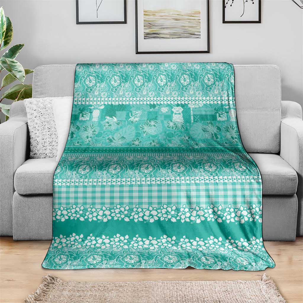 Hawaiian Hibiscus Honu Blanket Turquoise Mele Kalikimaka Palaka Spirit - Polynesian Pride
