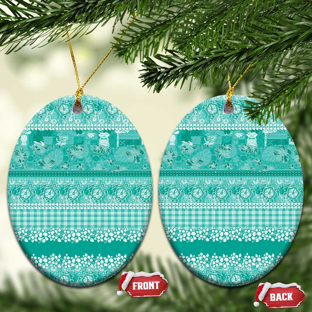 Hawaiian Hibiscus Honu Ceramic Ornament Turquoise Mele Kalikimaka Palaka Spirit - Polynesian Pride