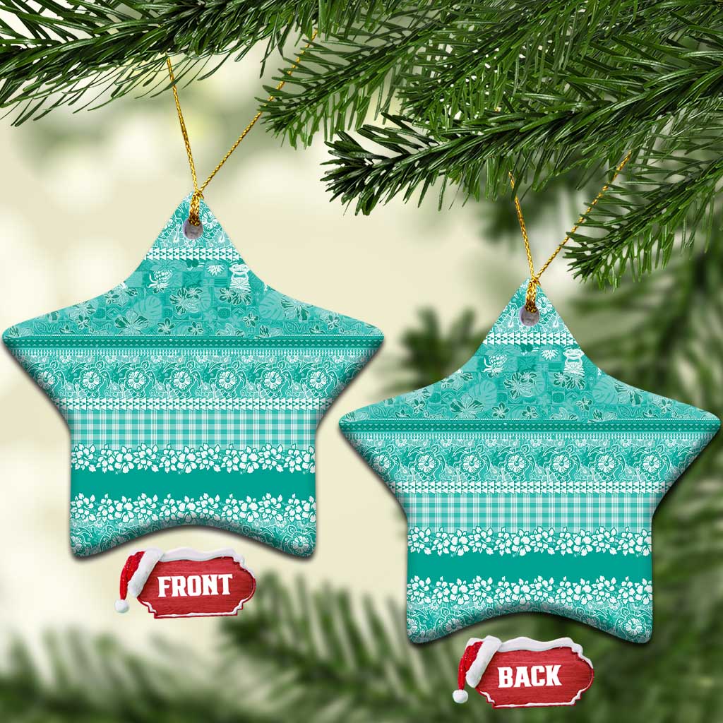 Hawaiian Hibiscus Honu Ceramic Ornament Turquoise Mele Kalikimaka Palaka Spirit - Polynesian Pride