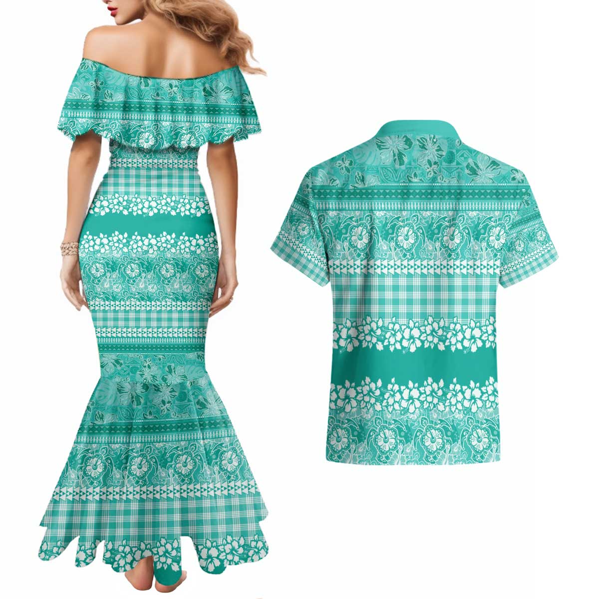 Hawaiian Hibiscus Honu Couples Matching Mermaid Dress and Hawaiian Shirt Turquoise Mele Kalikimaka Palaka Spirit - Polynesian Pride