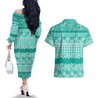 Hawaiian Hibiscus Honu Couples Matching Off The Shoulder Long Sleeve Dress and Hawaiian Shirt Turquoise Mele Kalikimaka Palaka Spirit - Polynesian Pride