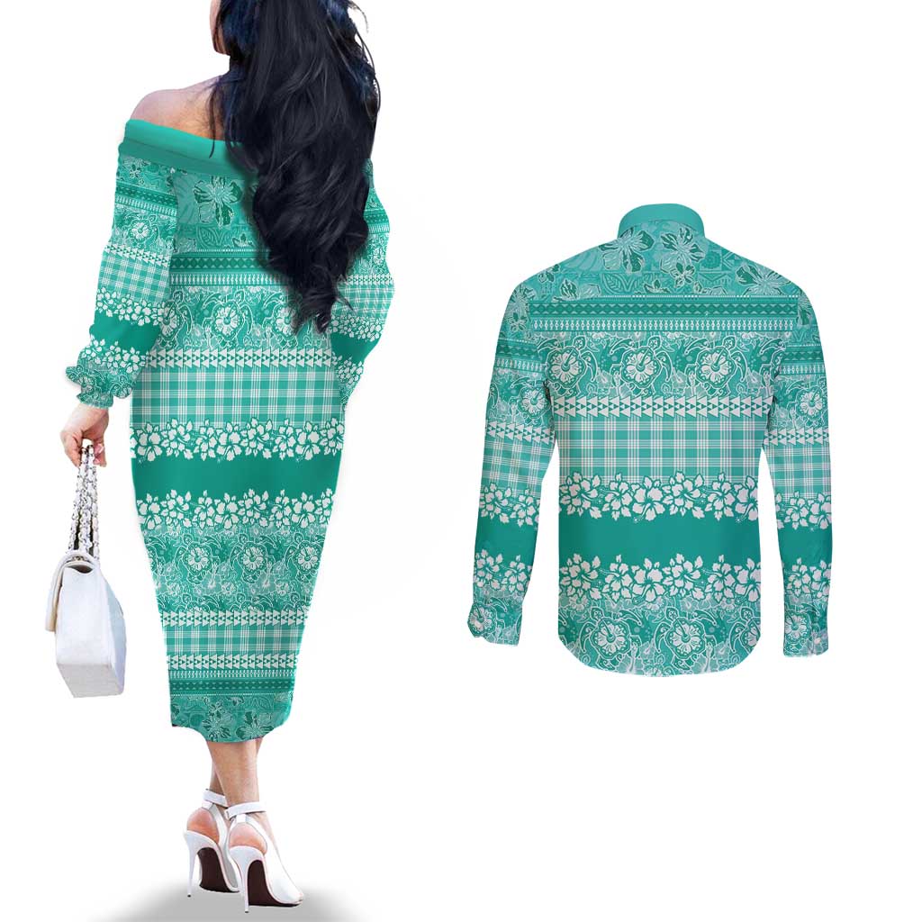 Hawaiian Hibiscus Honu Couples Matching Off The Shoulder Long Sleeve Dress and Long Sleeve Button Shirt Turquoise Mele Kalikimaka Palaka Spirit - Polynesian Pride