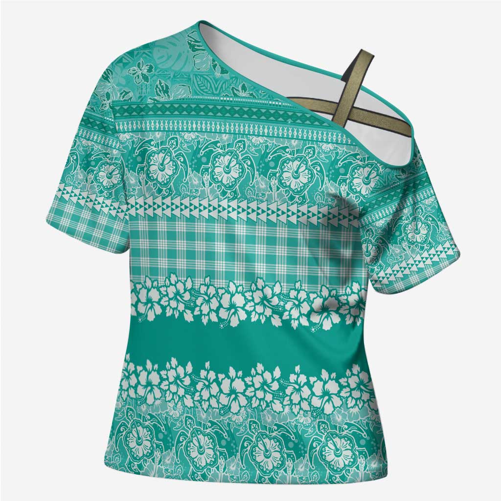 Hawaiian Hibiscus Honu Cross Shoulder Shirt Turquoise Mele Kalikimaka Palaka Spirit - Polynesian Pride