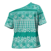 Hawaiian Hibiscus Honu Cross Shoulder Shirt Turquoise Mele Kalikimaka Palaka Spirit - Polynesian Pride