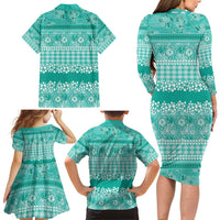 Hawaiian Hibiscus Honu Family Matching Long Sleeve Bodycon Dress and Hawaiian Shirt Turquoise Mele Kalikimaka Palaka Spirit - Polynesian Pride