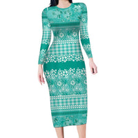 Hawaiian Hibiscus Honu Family Matching Long Sleeve Bodycon Dress and Hawaiian Shirt Turquoise Mele Kalikimaka Palaka Spirit - Polynesian Pride