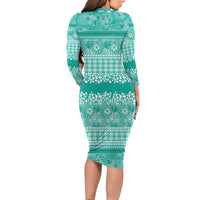 Hawaiian Hibiscus Honu Family Matching Long Sleeve Bodycon Dress and Hawaiian Shirt Turquoise Mele Kalikimaka Palaka Spirit - Polynesian Pride