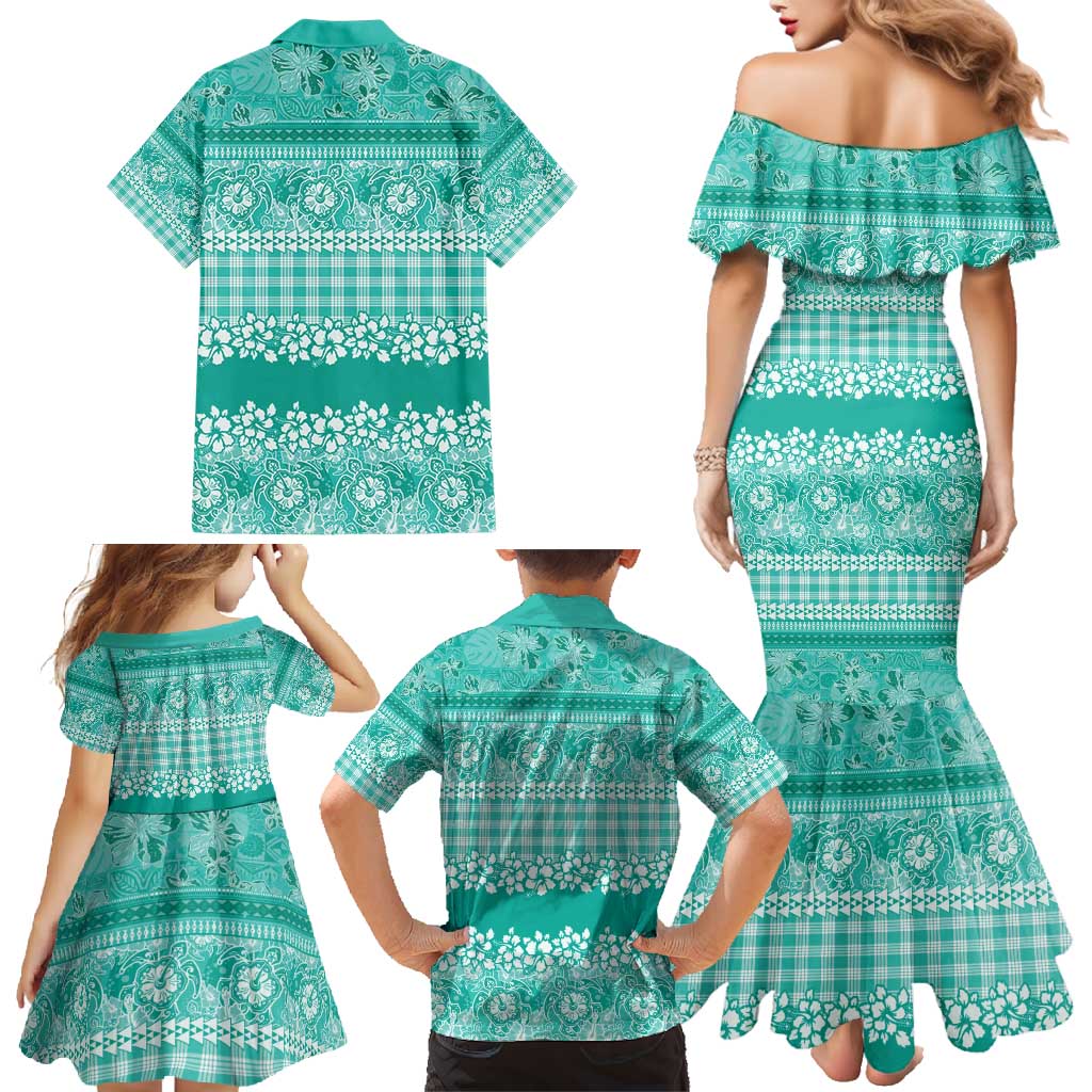 Hawaiian Hibiscus Honu Family Matching Mermaid Dress and Hawaiian Shirt Turquoise Mele Kalikimaka Palaka Spirit - Polynesian Pride