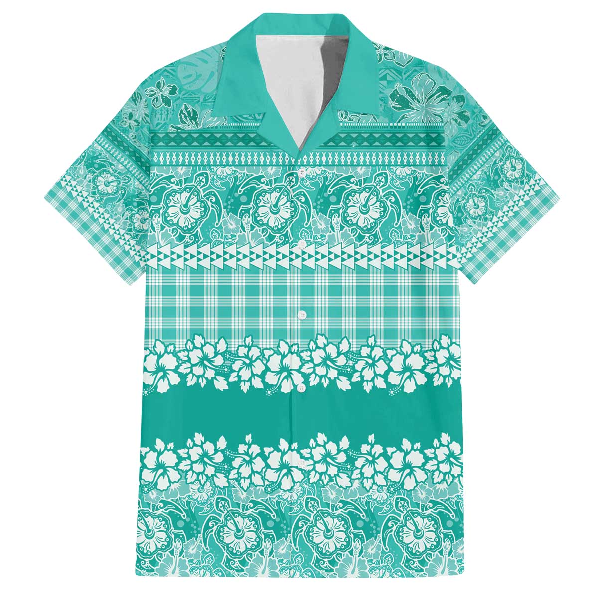 Hawaiian Hibiscus Honu Family Matching Off The Shoulder Long Sleeve Dress and Hawaiian Shirt Turquoise Mele Kalikimaka Palaka Spirit - Polynesian Pride