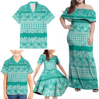 Hawaiian Hibiscus Honu Family Matching Off Shoulder Maxi Dress and Hawaiian Shirt Turquoise Mele Kalikimaka Palaka Spirit - Polynesian Pride