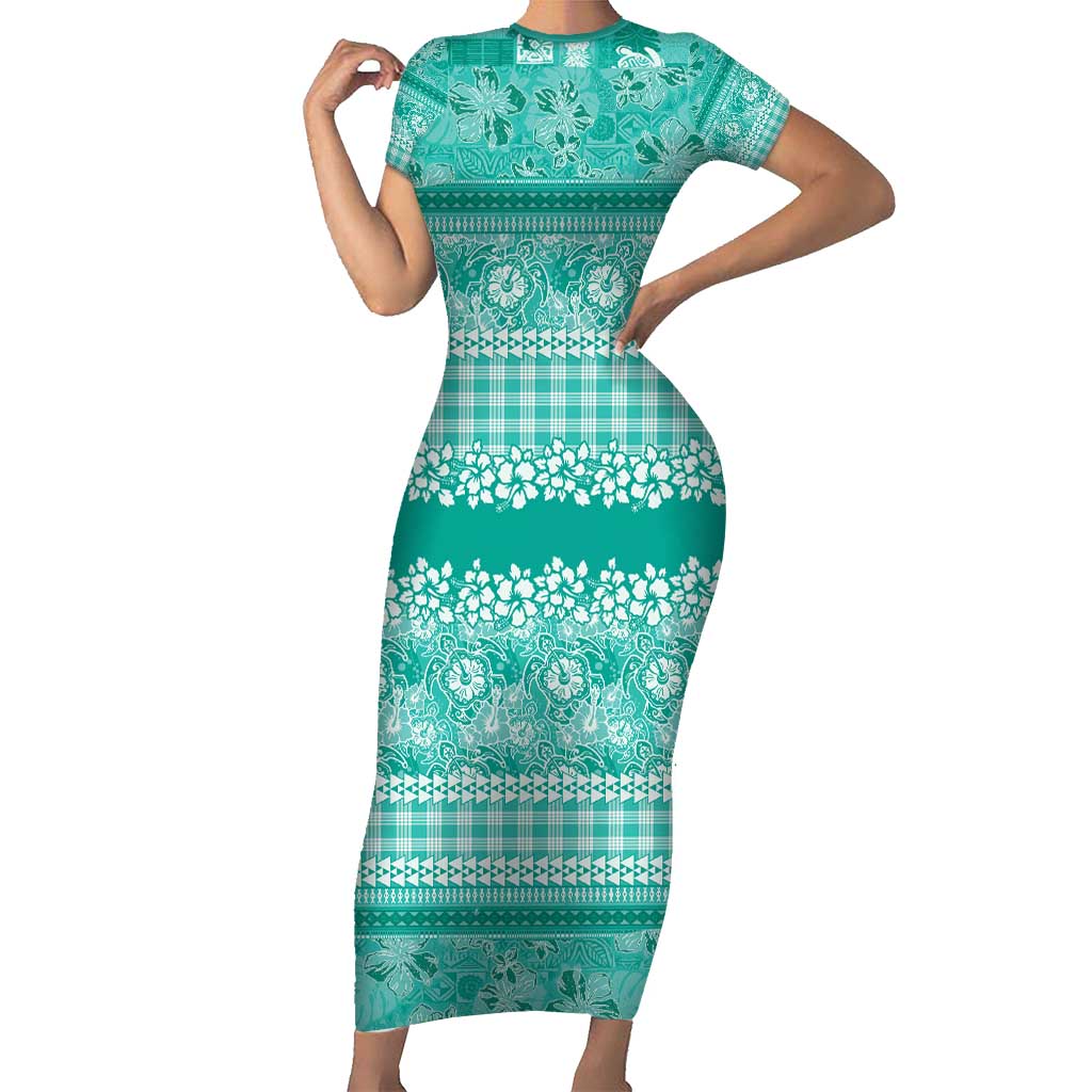 Hawaiian Hibiscus Honu Family Matching Short Sleeve Bodycon Dress and Hawaiian Shirt Turquoise Mele Kalikimaka Palaka Spirit - Polynesian Pride