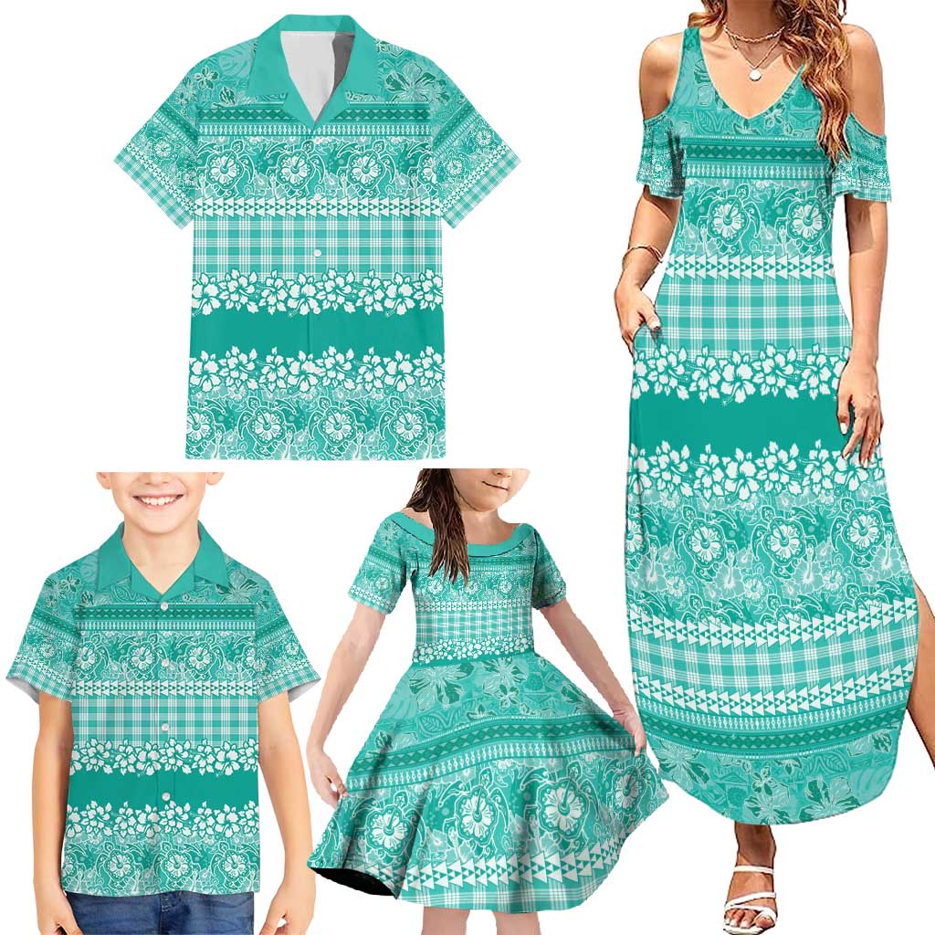Hawaiian Hibiscus Honu Family Matching Summer Maxi Dress and Hawaiian Shirt Turquoise Mele Kalikimaka Palaka Spirit - Polynesian Pride