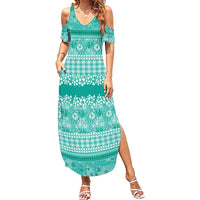 Hawaiian Hibiscus Honu Family Matching Summer Maxi Dress and Hawaiian Shirt Turquoise Mele Kalikimaka Palaka Spirit - Polynesian Pride
