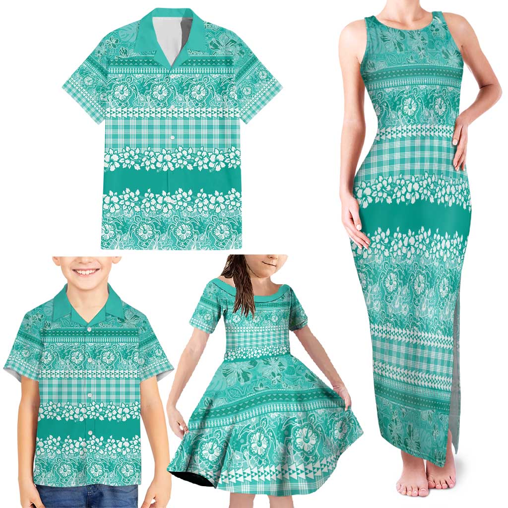 Hawaiian Hibiscus Honu Family Matching Tank Maxi Dress and Hawaiian Shirt Turquoise Mele Kalikimaka Palaka Spirit - Polynesian Pride