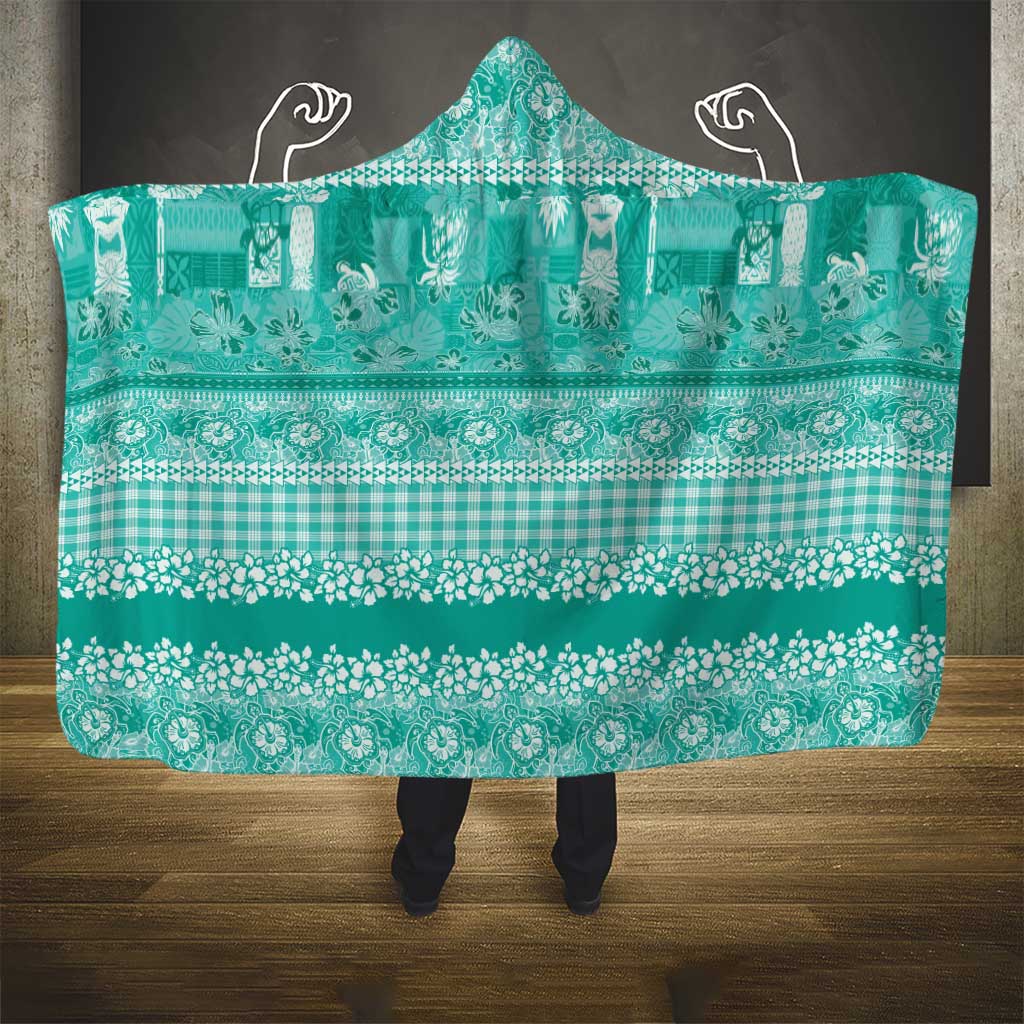 Hawaiian Hibiscus Honu Hooded Blanket Turquoise Mele Kalikimaka Palaka Spirit - Polynesian Pride