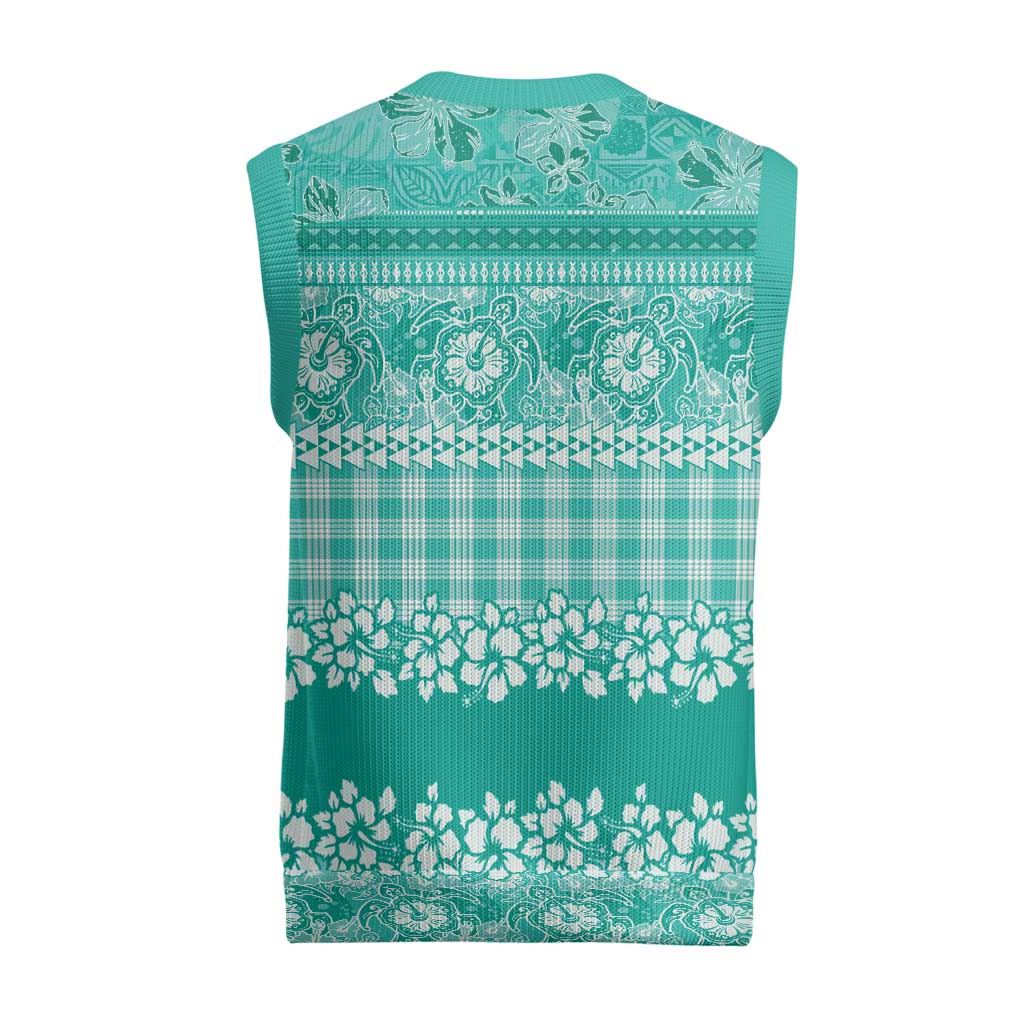 Hawaiian Hibiscus Honu Christmas Knitted V-Neck Vest Turquoise Mele Kalikimaka Palaka Spirit - Polynesian Pride