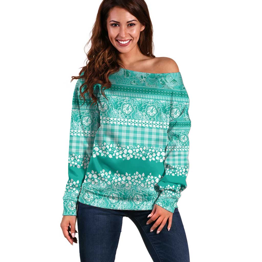 Hawaiian Hibiscus Honu Off Shoulder Sweater Turquoise Mele Kalikimaka Palaka Spirit - Polynesian Pride