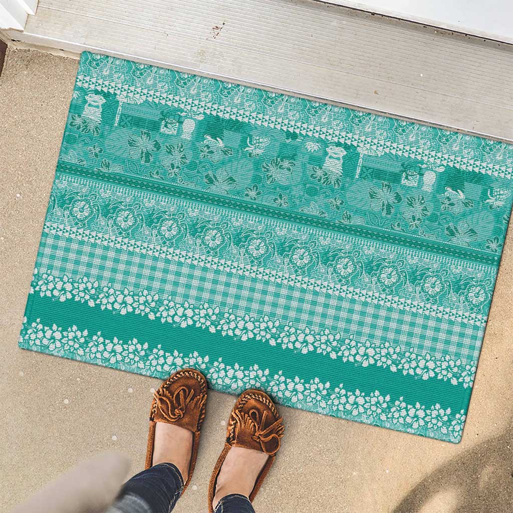 Hawaiian Hibiscus Honu Rubber Doormat Turquoise Mele Kalikimaka Palaka Spirit - Polynesian Pride