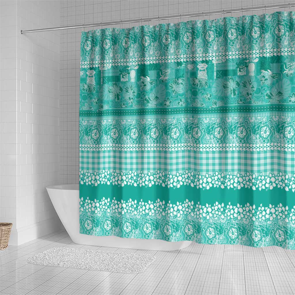 Hawaiian Hibiscus Honu Shower Curtain Turquoise Mele Kalikimaka Palaka Spirit - Polynesian Pride