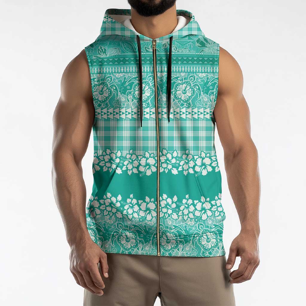 Hawaiian Hibiscus Honu Sleeveless Zip Hoodie Turquoise Mele Kalikimaka Palaka Spirit - Polynesian Pride