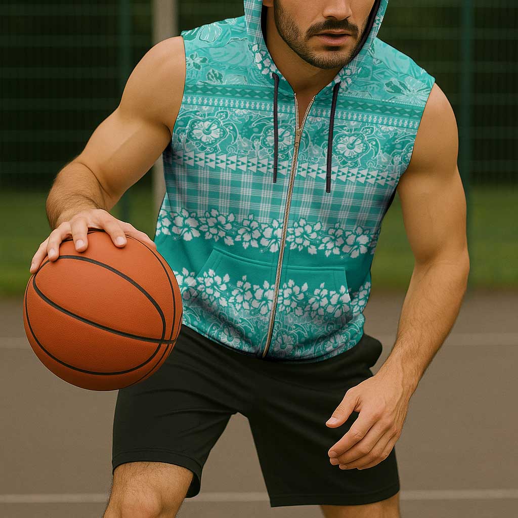 Hawaiian Hibiscus Honu Sleeveless Zip Hoodie Turquoise Mele Kalikimaka Palaka Spirit - Polynesian Pride