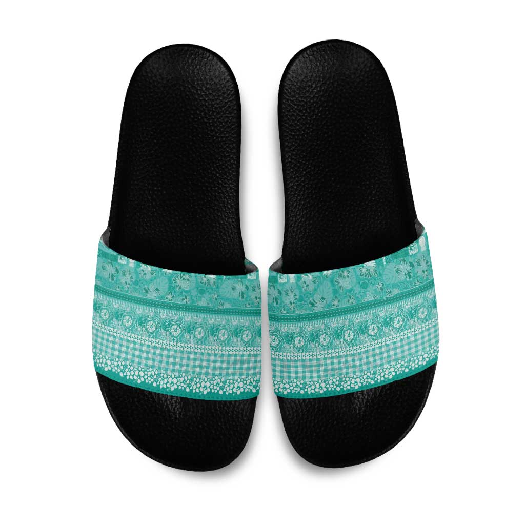 Hawaiian Hibiscus Honu Slide Sandals Turquoise Mele Kalikimaka Palaka Spirit - Polynesian Pride