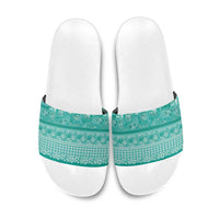 Hawaiian Hibiscus Honu Slide Sandals Turquoise Mele Kalikimaka Palaka Spirit - Polynesian Pride