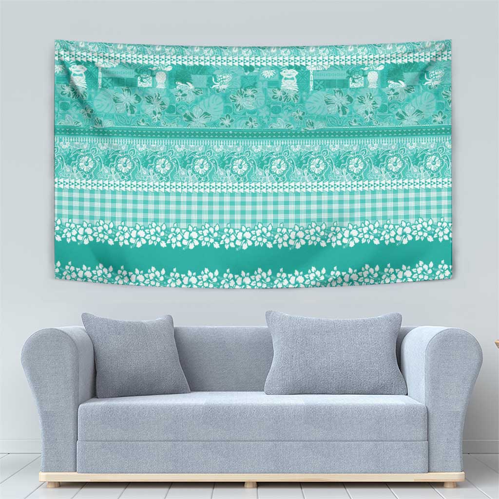 Hawaiian Hibiscus Honu Tapestry Turquoise Mele Kalikimaka Palaka Spirit - Polynesian Pride